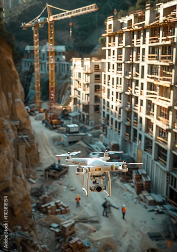 A white drone flying over the site of an under construction building