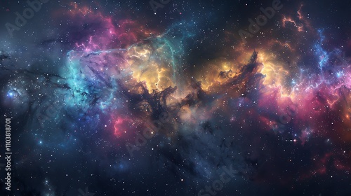 A stunning galaxy background featuring swirling nebulae, distant stars, and cosmic colors, creating a deep space atmosphere. 