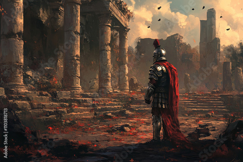 Wallpaper Mural A digital illustration of a Roman legionary warrior in the midst of the ruins of an ancient Roman city. He stands solemnly, his armor reflecting the dim light, surrounded by the remnants of ancient Torontodigital.ca