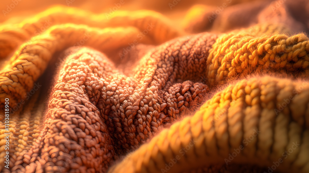 Close-up of warm-toned knitted fabric, bathed in golden sunlight. The texture and intricate weave are highlighted, creating a cozy and inviting feel. Perfect for autumn or winter themes. Close-up of warm-toned knitted fabric, bathed in golden sunlight. The texture and intricate weave are highlighted, creating a cozy and inviting feel. Perfect for autumn or winter themes.