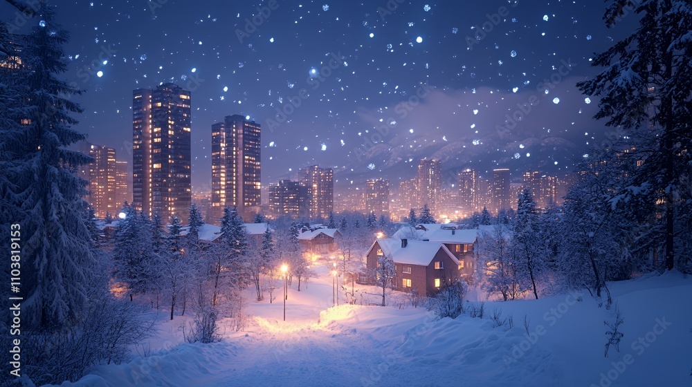 A serene winter night scene with snowflakes falling over a city skyline and cozy homes. A serene winter night scene with snowflakes falling over a city skyline and cozy homes.