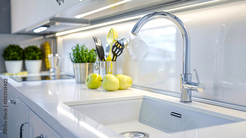 White counters with a sink and utensils in a modern kitchen interior ...