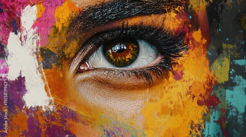 A close-up of an eye surrounded by vibrant, colorful paint splashes.