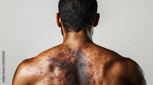 Back view of a muscular man showcasing skin with dark spots and marks. photo