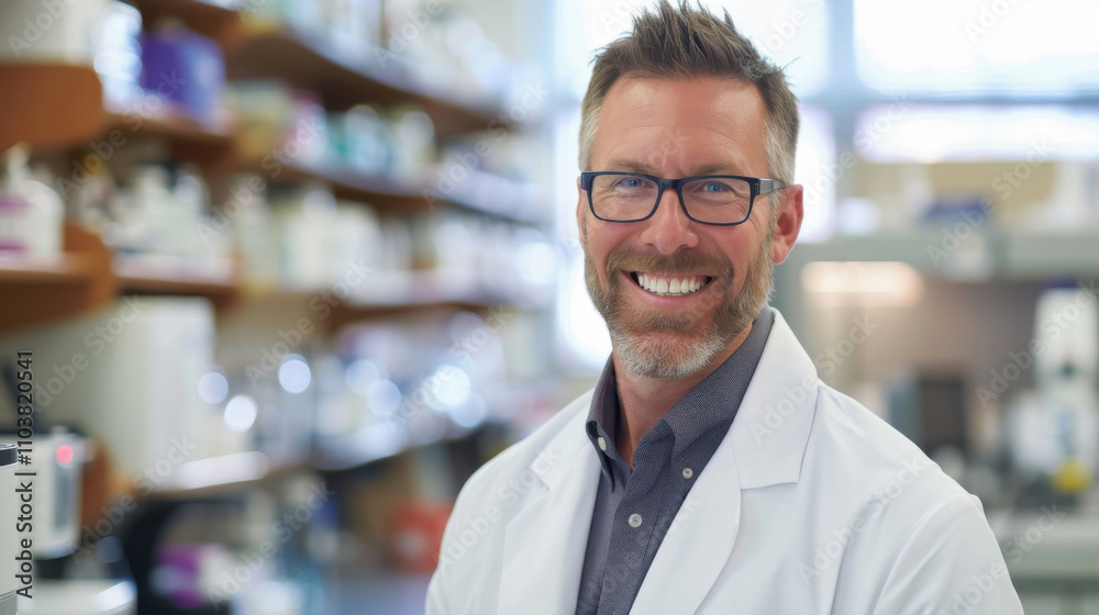 Cheerful man in lab coat working in a scientific research laboratory Cheerful man in lab coat working in a scientific research laboratory