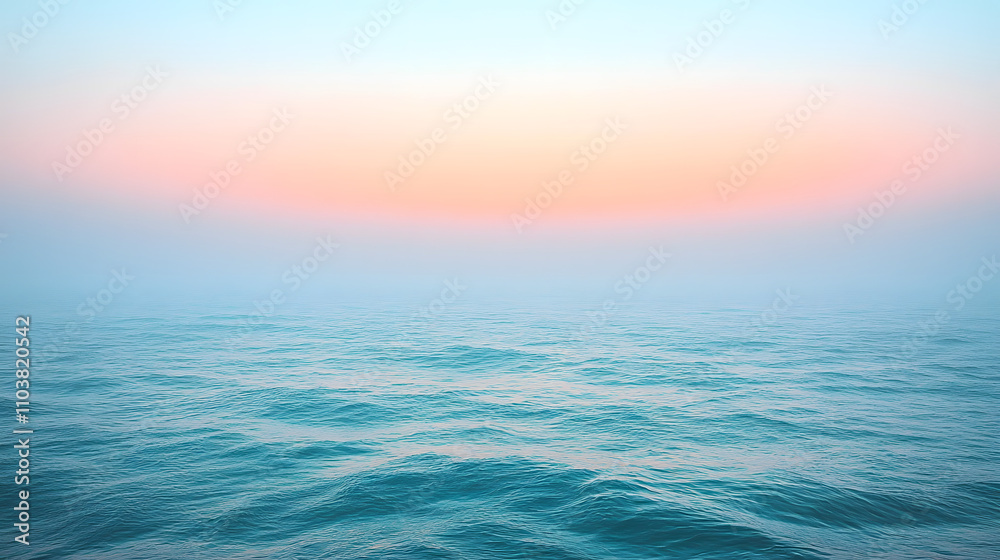 Obraz premium Serene seascape at dawn. Pastel sunrise colors paint the sky above calm, turquoise ocean waters. Minimalist, peaceful, and tranquil.