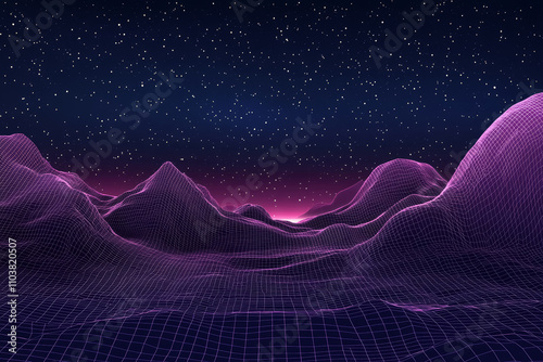 Visualization of metaverse concept, extraterrestrial landscape with mountains, dark purple sky and stars, glowing horizon in the background. Digital art illustration. 