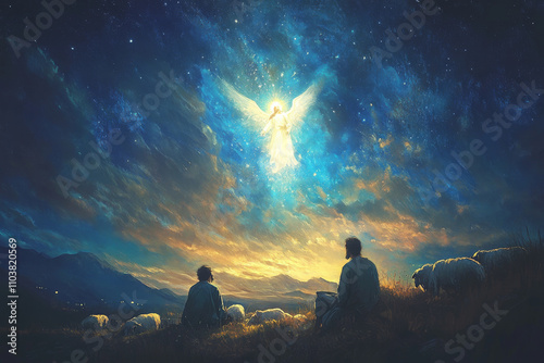 A digital painting of shepherds gazing in awe at a shining angel descending from the night sky, their sheep resting peacefully nearby, the whole scene bathed in a warm, celestial light