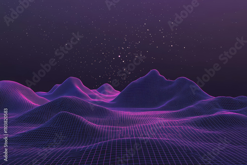 Visualization of metaverse concept. Illustration of extraterrestrial landscape with mountains, dark purple sky and glowing stars in the background. 