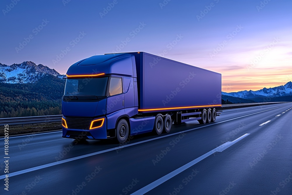 On the highway, a futuristic truck equipped with advanced lighting fixtures travels, focusing on logistics and delivery. On the highway, a futuristic truck equipped with advanced lighting fixtures travels, focusing on logistics and delivery.