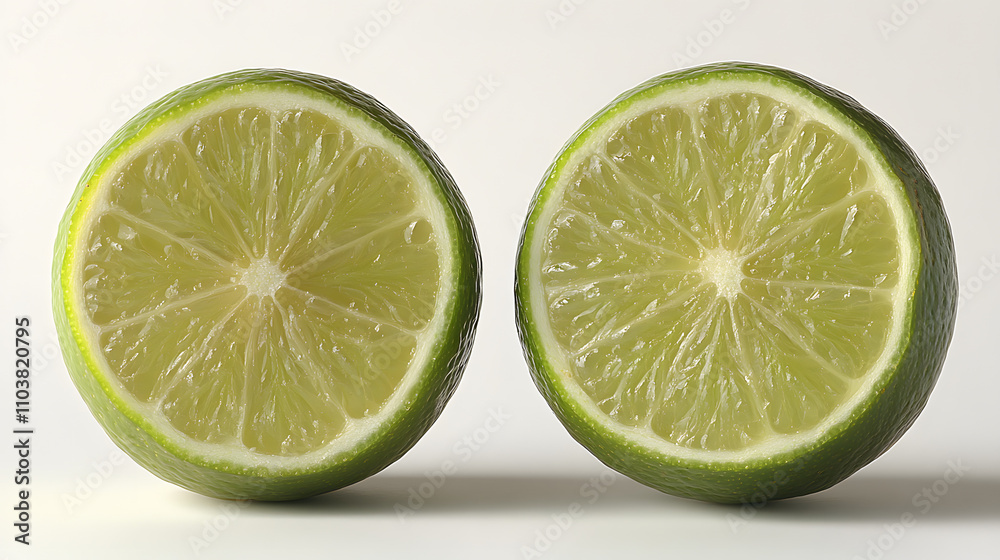Two halves of a fresh lime, showcasing their vibrant green color and juicy segments against a clean white background. Perfect for recipes, healthy eating, or citrus-themed projects. Two halves of a fresh lime, showcasing their vibrant green color and juicy segments against a clean white background. Perfect for recipes, healthy eating, or citrus-themed projects.