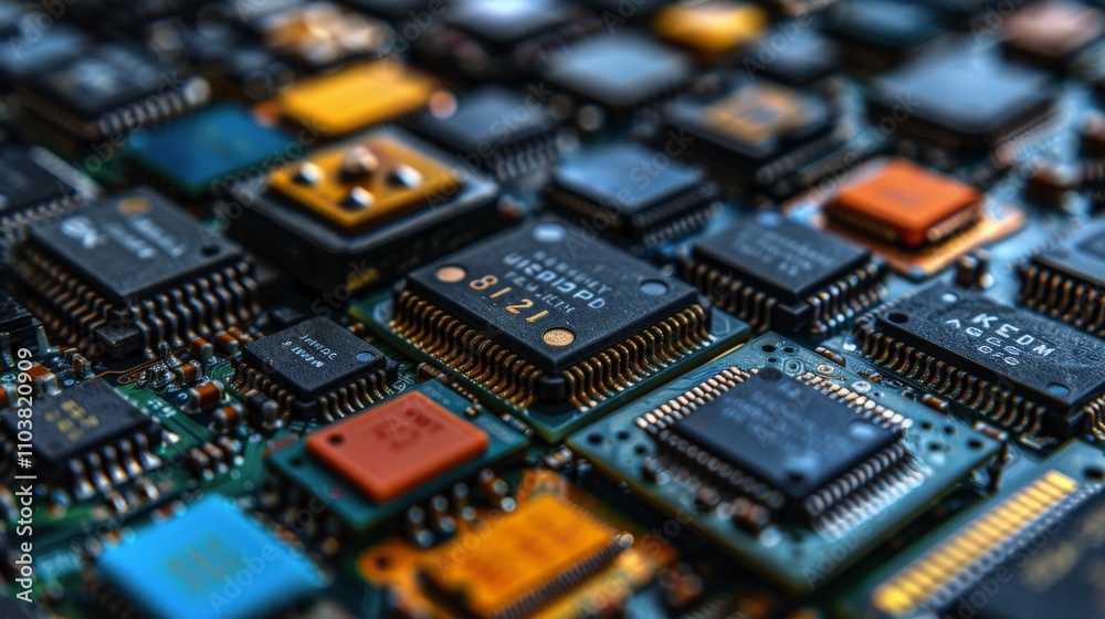 Close-up view of various colorful microchips and integrated circuits on a circuit board, showcasing technology and innovation in electronicsmicrochip Close-up view of various colorful microchips and integrated circuits on a circuit board, showcasing technology and innovation in electronicsmicrochip