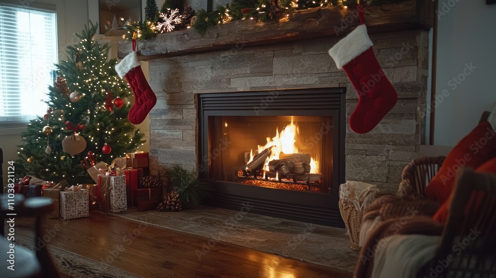 A serene holiday atmosphere captured with a fireplace glowing warmly, with stockings and decorations adding to the festive charm. A serene holiday atmosphere captured with a fireplace glowing warmly, with stockings and decorations adding to the festive charm.
