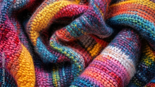 Cozy colorful knitted fabric with vibrant patterns.