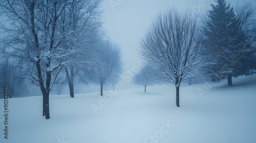 Wallpaper Mural Snow-covered trees stand in a serene winter landscape. A misty, blue-toned scene evokes a sense of quietude and peace. The snow blankets the ground, creating a pristine, wintry atmosphere. Torontodigital.ca