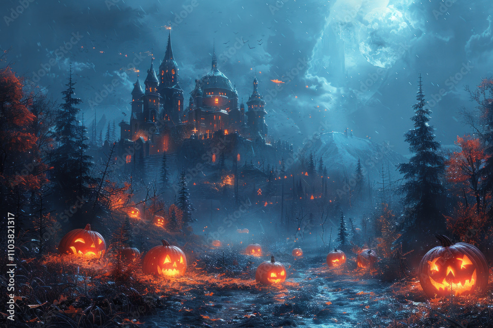 Fototapeta premium Halloween atmosphere with a mysterious castle surrounded by glowing pumpkins and a gloomy forest under the light of the full moon.