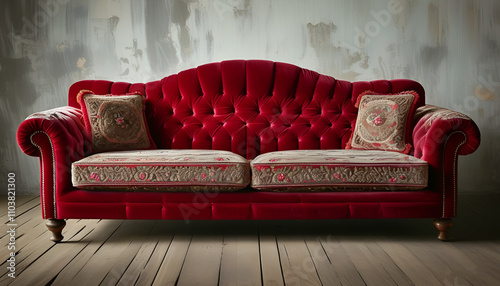 Elegant red velvet sofa with vintage detailing and intricate patterns, featuring ornamental pillows. Perfect for traditional and luxury interior settings, showcasing classic style and rich design elem photo