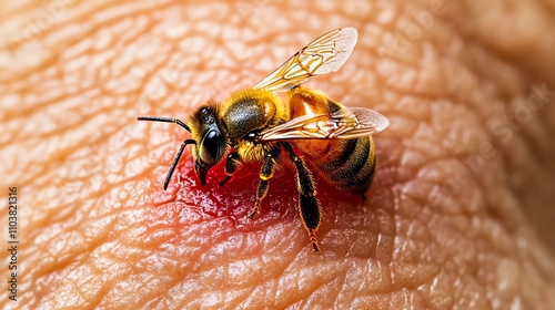 Close-up of a bee stinging a human skin, highlighting the impact of the process.