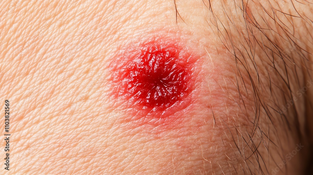 Fototapeta premium Close-up of a red bruise on skin, showing detailed texture and color variations.