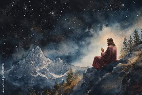 A gentle watercolor of Jesus praying on a mountain, bathed in soft moonlight. The surrounding dark skies with twinkling stars create a serene and contemplative mood.