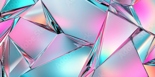 Abstract hologram background with sharp angular lines in chrome, pink, and turquoise. The surface looks like reflective steel with neon accents. photo