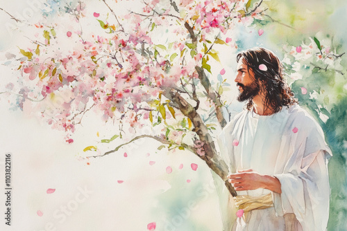 Jesus standing beside a blooming tree, with petals falling around him. The watercolor features soft pinks, greens, and white accents, symbolizing renewal and peace.