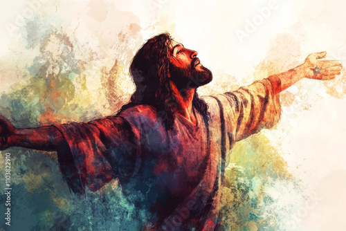 A poignant digital watercolor painting of Jesus Christ, with His arms outstretched as He takes up the cross, preparing for the ultimate sacrifice. The vibrant, flowing colors reflect the emotional