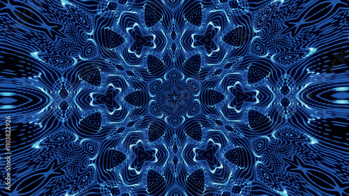Seamless pattern with symmetrical design in blue tones. Abstract kaleidoscopic geometric pattern. Hypnotic background. Abstract vector illustration.