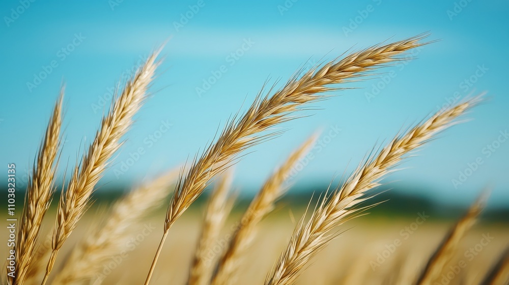 Close-up of golden wheat stalks swaying gently in a sunny field with a bright blue sky in the background. Close-up of golden wheat stalks swaying gently in a sunny field with a bright blue sky in the background.