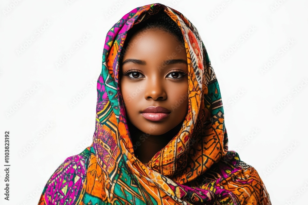 Beautiful dark-skinned woman in colorful headscarf. Beautiful dark-skinned woman in colorful headscarf.