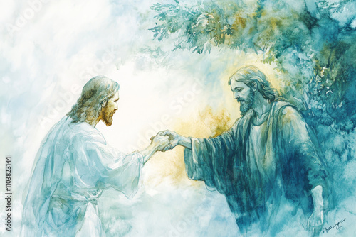 Jesus offering his hand to a blind man, guiding him toward light. The watercolor uses soft blues, whites, and light yellows to convey healing, compassion, and divine guidance.