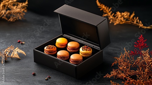 Delicious macarons in a stylish black box on a dark background. photo