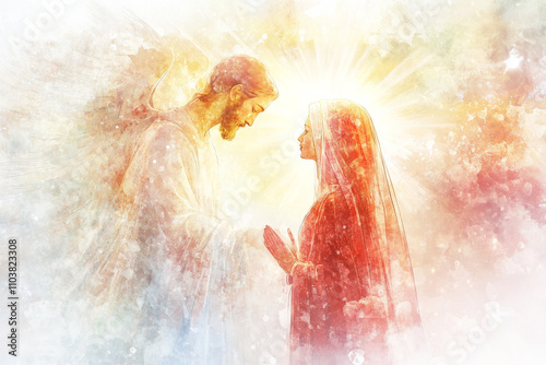 A soft and peaceful digital watercolor of Angel Gabriel appearing to Mary, surrounded by gentle light, as he announces that she will conceive and give birth to Jesus, with Mary's expression filled