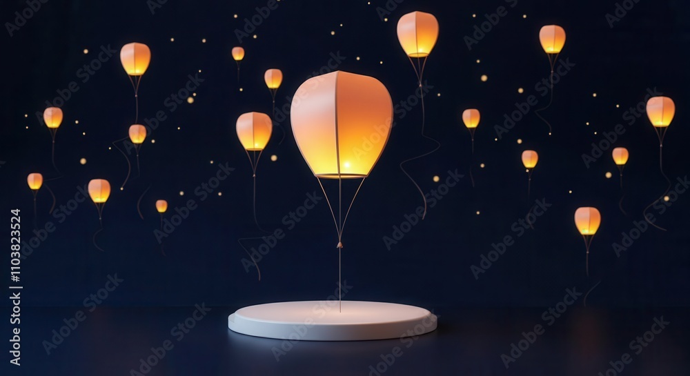 Obraz premium Illuminated floating sky lanterns at night