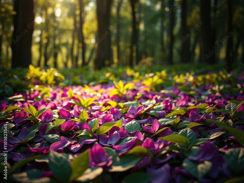 A bed of vibrant purple flower petals scattered among lush green leaves on the forest floor, botanical, foliage A bed of vibrant purple flower petals scattered among lush green leaves on the forest floor, botanical, foliage