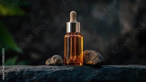 Essential oil dropper bottle with natural stones on a dark stone surface.