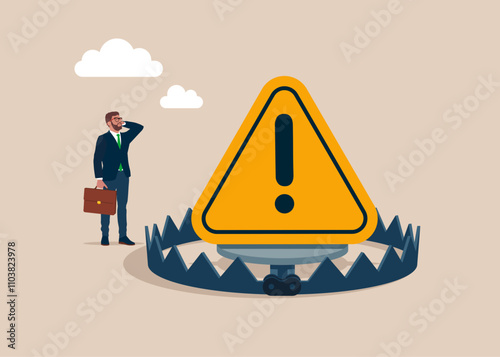 Hazard warning attention sign on a metallic steel bear trap. Flat vector illustration. 