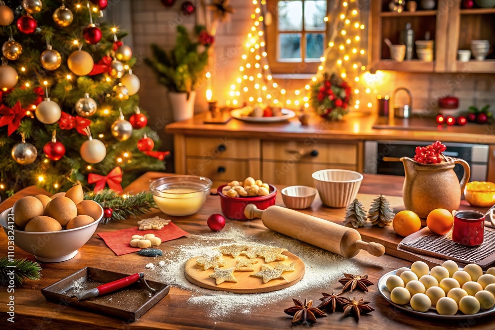 Naklejka premium Step-by-Step Guide to Making Delicious Homemade Holiday Cookies on Christmas Eve: A Festive Pastry and New Year Baking Concept for Everyone to Enjoy