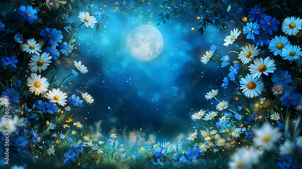 Obraz premium serene wildflower meadow filled with daisies and blue flowers under glowing moonlight. enchanting scene evokes sense of tranquility and beauty