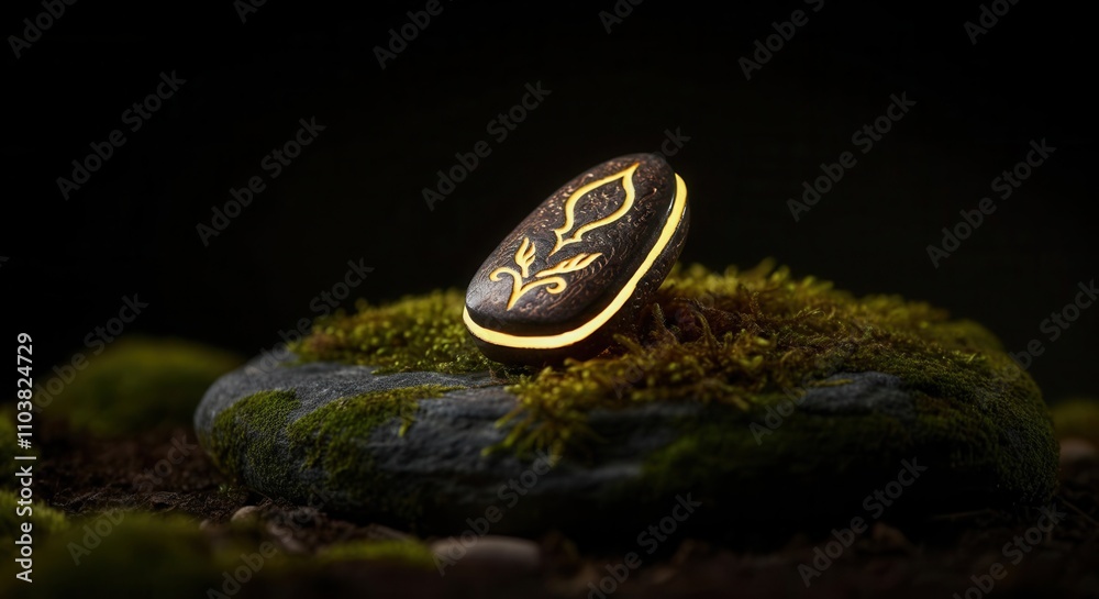Mystical glowing seed resting on mossy Mystical glowing seed resting on mossy