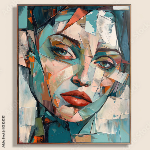 portrait of a woman made in the style of modern art using cubist and abstract elements.  