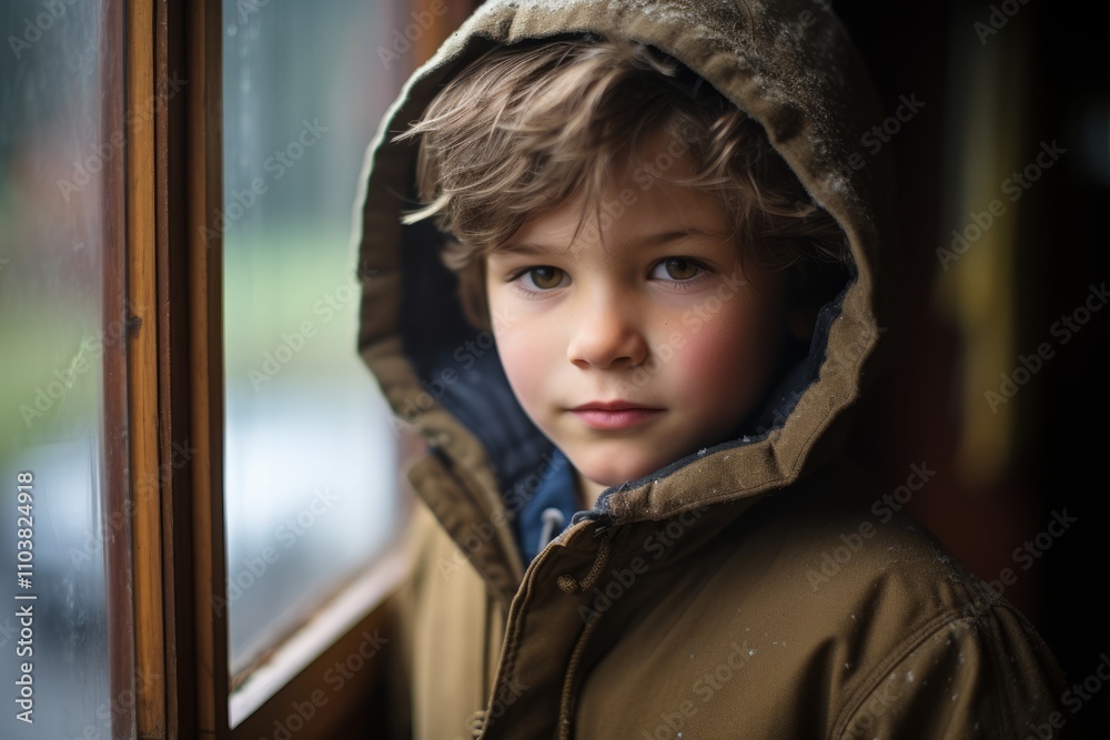 Portrait of a cute little boy in a warm jacket and hood Portrait of a cute little boy in a warm jacket and hood