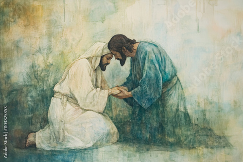 Jesus kneeling beside a sick person, offering comfort and healing. The watercolor uses soft greens, blues, and light yellows to depict tenderness, care, and divine mercy. photo