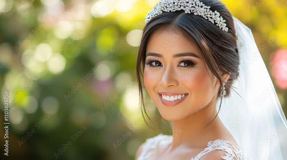 An Asian woman in her wedding dress, with a radiant smile and a sparkling diamond tiara on her head An Asian woman in her wedding dress, with a radiant smile and a sparkling diamond tiara on her head