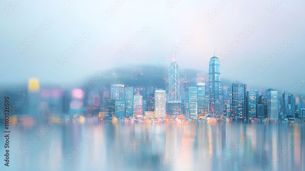 Blurry miniature city skyline, pastel blue and white tones, soft focus, gentle lighting, dreamy atmosphere Blurry miniature city skyline, pastel blue and white tones, soft focus, gentle lighting, dreamy atmosphere