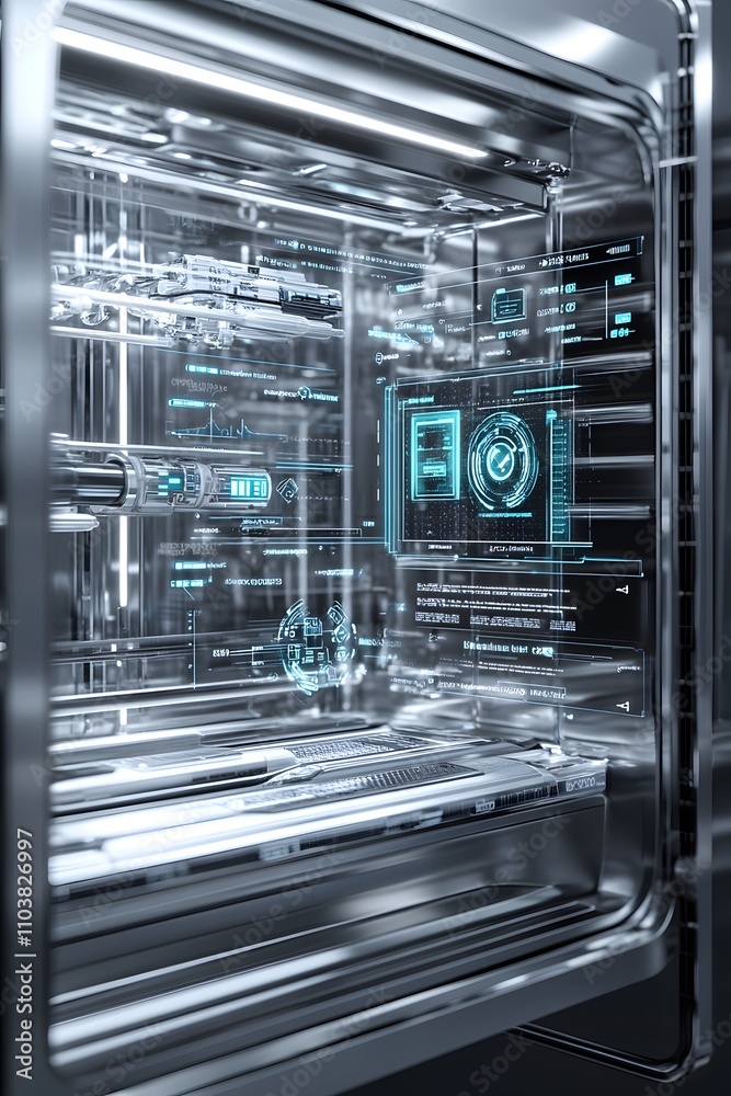 A futuristic, transparent refrigerator showcasing advanced technology and digital interfaces. A futuristic, transparent refrigerator showcasing advanced technology and digital interfaces.