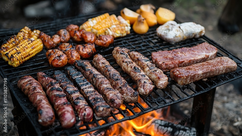 A campfire grill being used to cook a variety of foods, showing the versatility of campfire cooking techniques. A campfire grill being used to cook a variety of foods, showing the versatility of campfire cooking techniques.