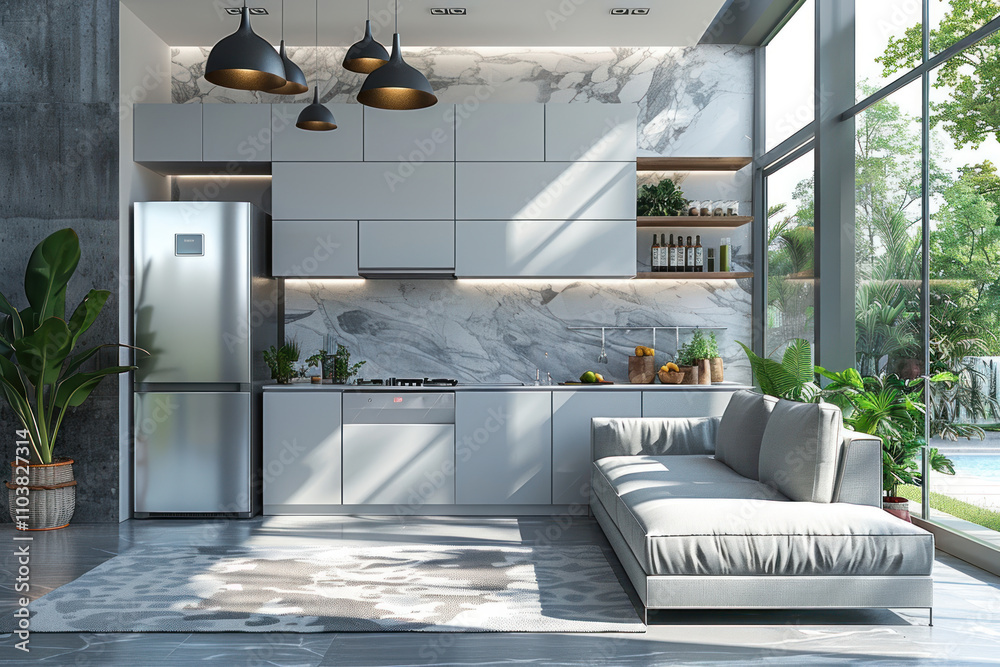 Fototapeta premium Fridge in white kitchen room, modern interior,