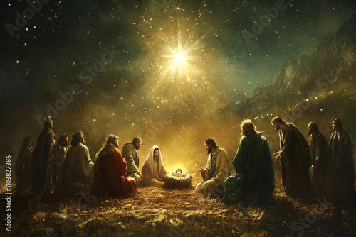 A serene digital painting of the nativity scene, with Mary, Joseph, and the baby Jesus in the stable, surrounded by shepherds and wise men. Above them, the holy star shines brightly, casting a divine