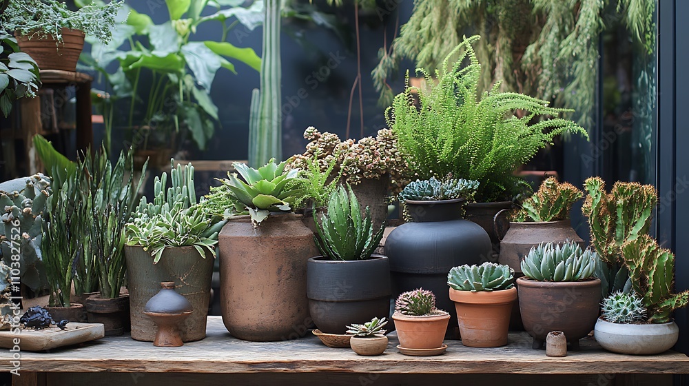 A Collection Of Diverse Potted Plants Arranged On A Wooden Table A Collection Of Diverse Potted Plants Arranged On A Wooden Table